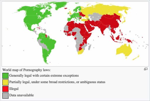 Gráfico com países onde a pornografia é proibida ou liberada