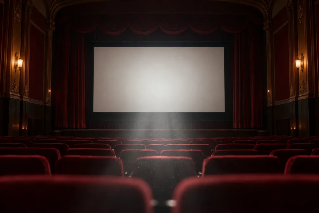 Sala de cinema vazia com poltronas vermelhas e a luz do projetor na tela