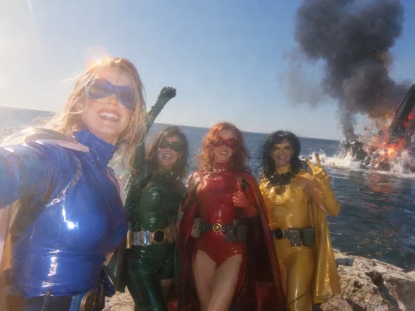 Quatro mulheres fantasiadas de super-heroínas à beira-mar