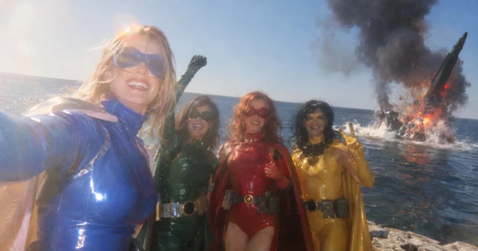 Quatro mulheres fantasiadas de super-heroínas à beira-mar
