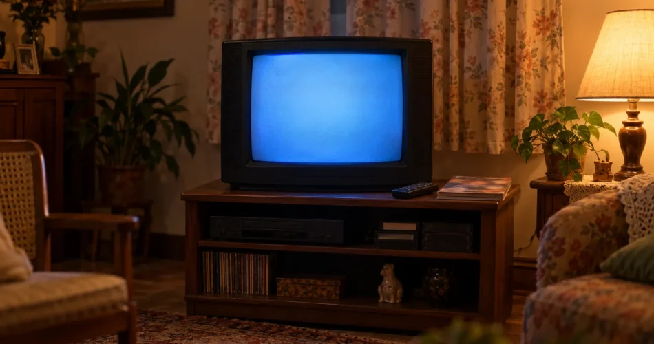 Sala de estar à noite com uma televisão antiga ligada
